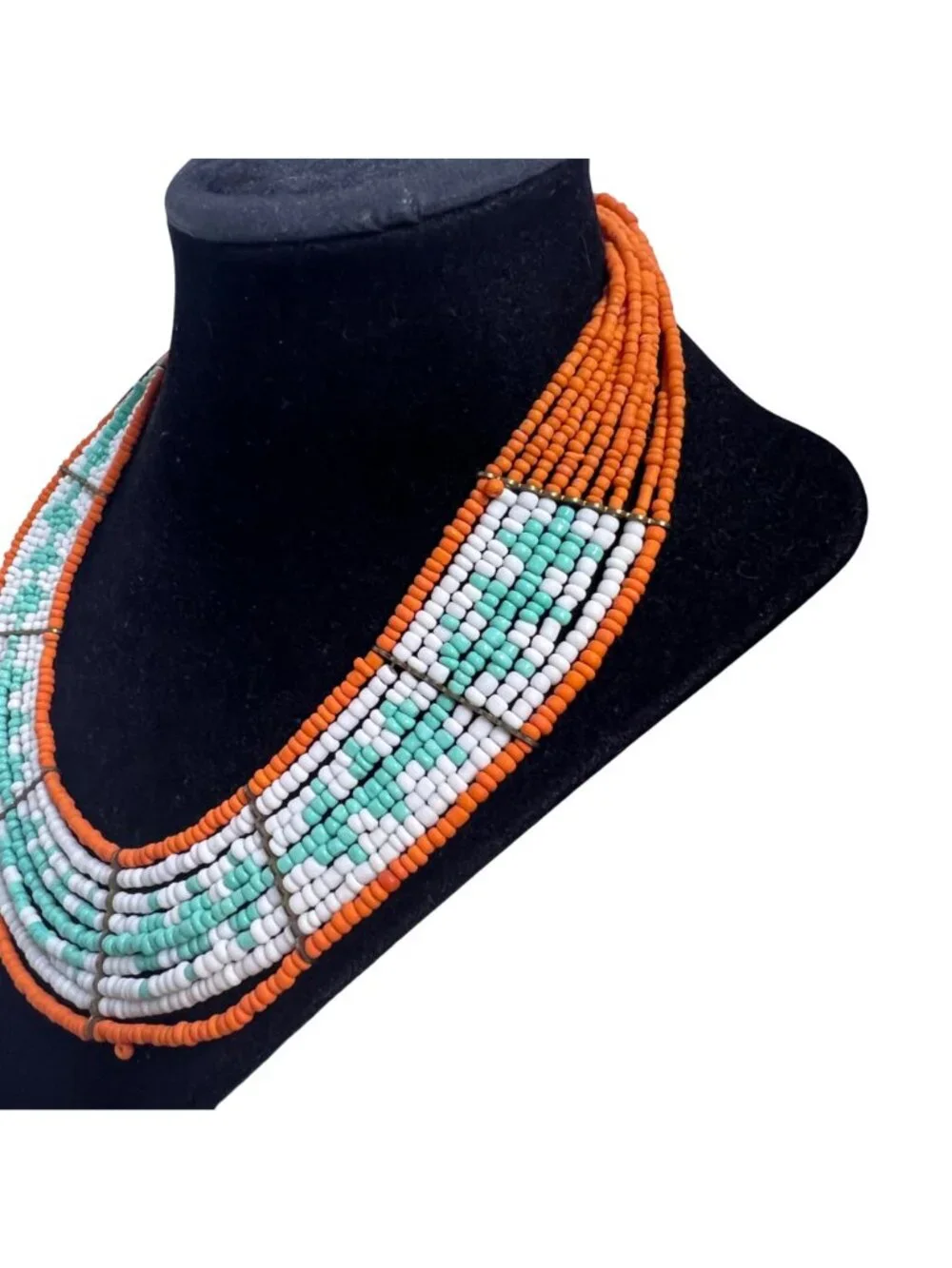 Orange, White and Blue Beaded Tribal Inspired Collar Necklace (6403) - Picture 4 of 6